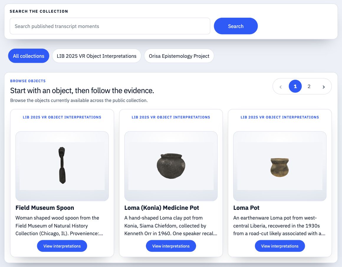 Loci public collection interface showing search, collection filters, and published object cards.