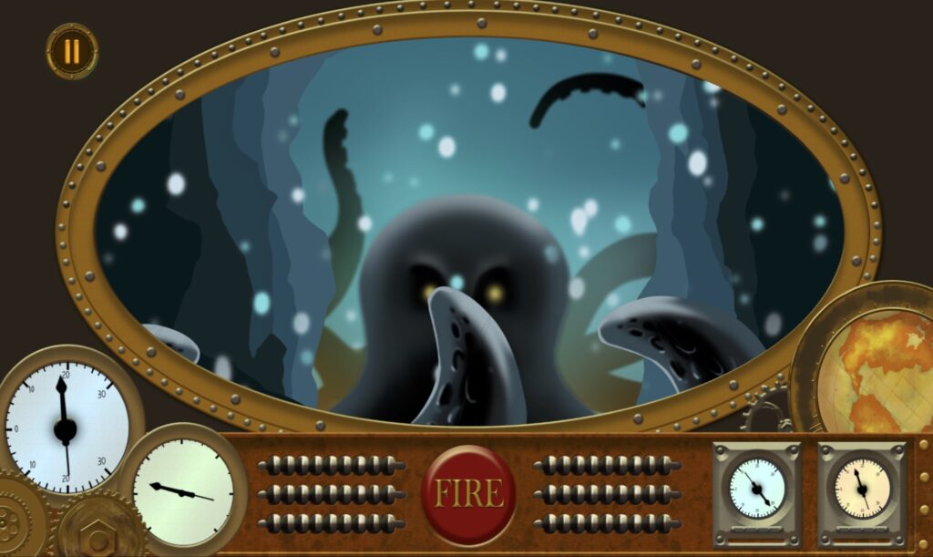 A cartoonish drawing of a porthole in an underwater vessel looking out on a large octopus.